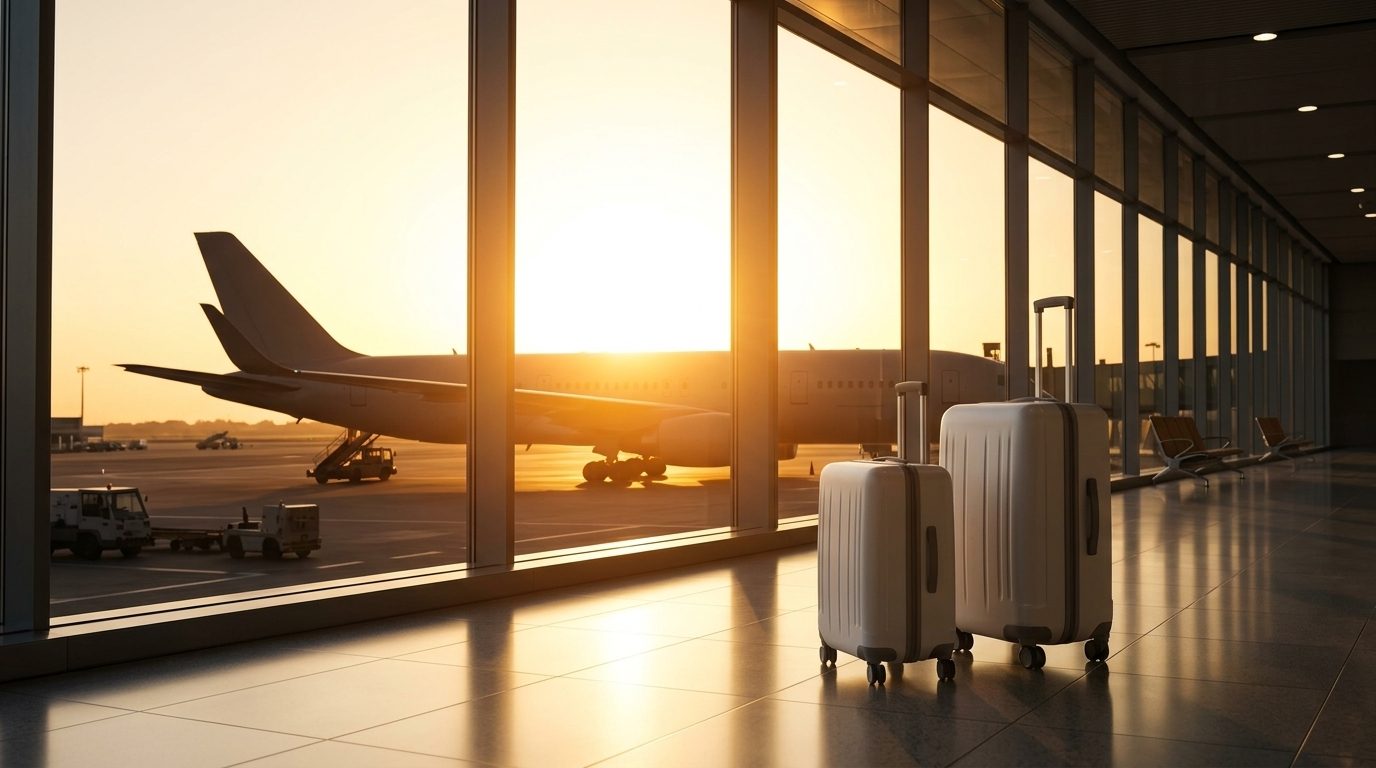 Suitcases beside an airport window at sunrise, an aircraft waiting at the gate beyond