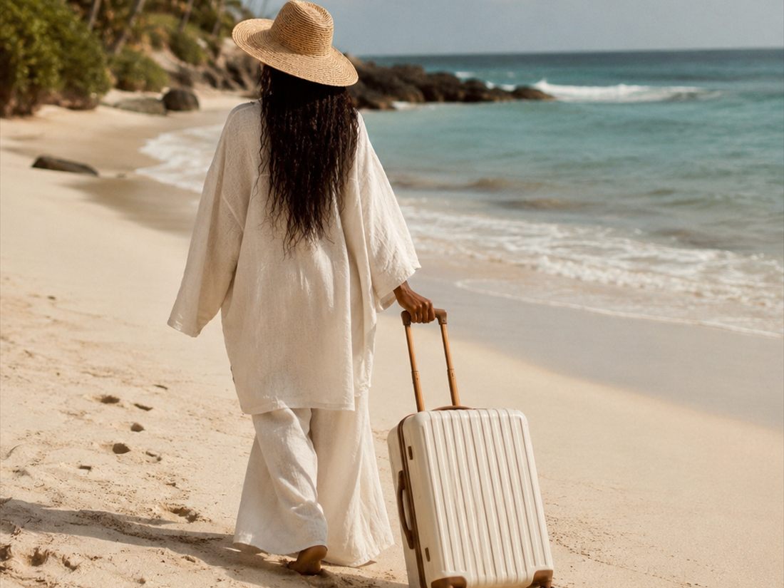 A traveller walking along a Bali beach with her suitcase