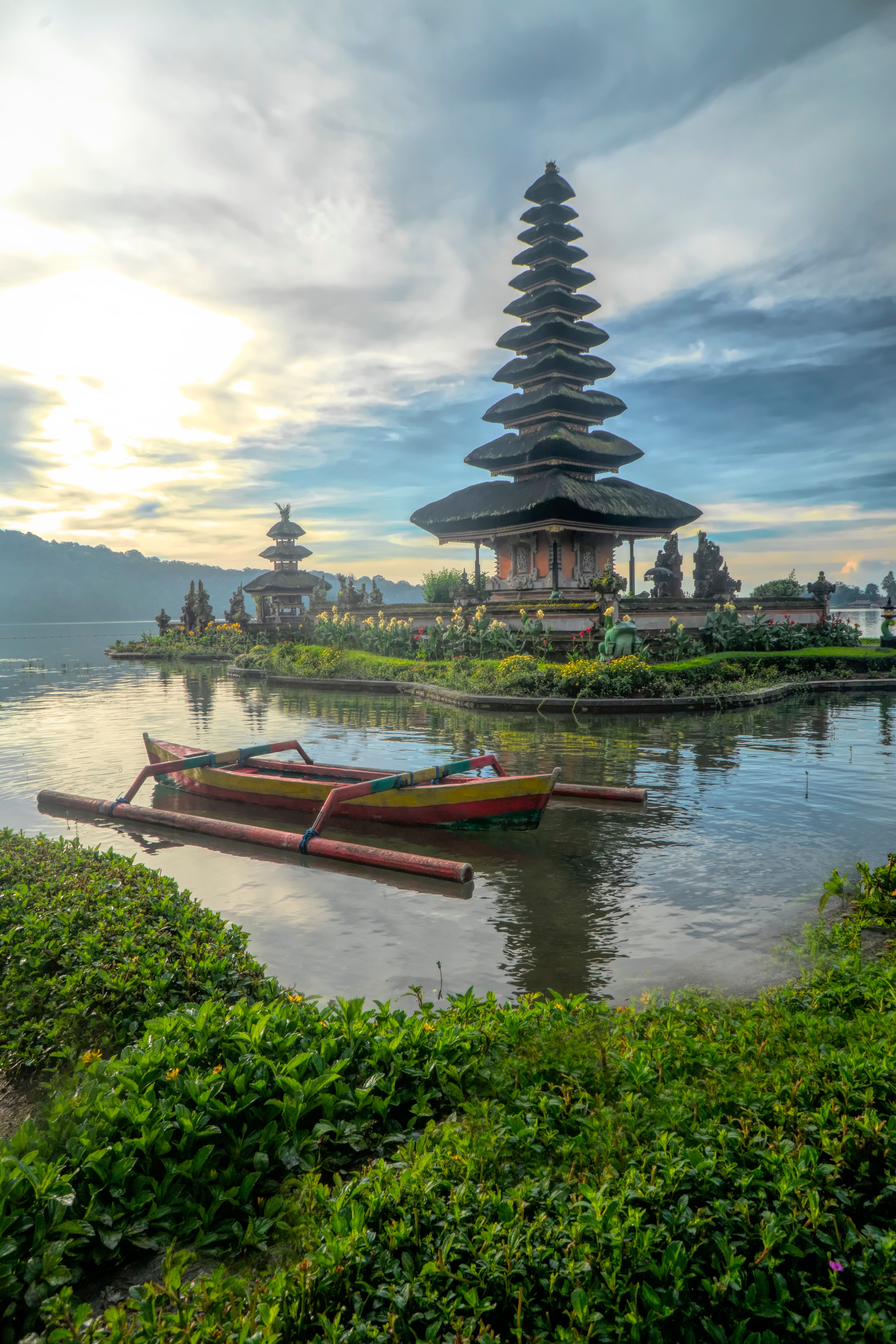 Pura Ulun Danu Beratan temple rising over the lake at sunrise in Bali